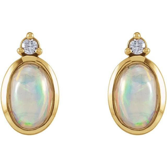 14K Yellow Or Rose Gold Oval 8 X 6 Mm Friction Back Polished Natural Ethiopian Opal And .06 Ctw Natural Diamond Bezel-Set Earrings