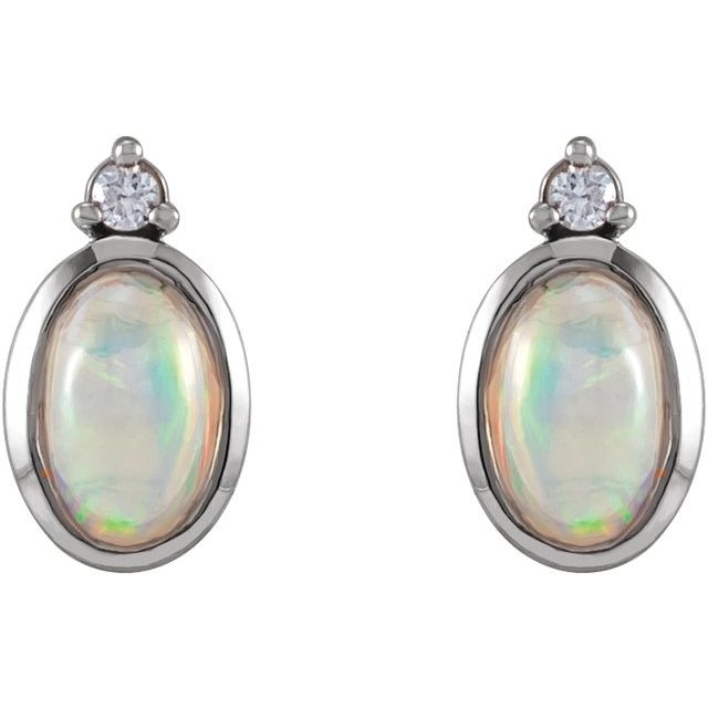 14K Yellow Or White Or Rose Gold Oval 6 X 4 Mm Friction Back Polished Natural Ethiopian Opal And .03 Ctw Natural Diamond Bezel-Set Earrings