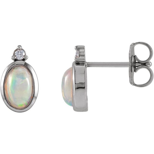 14K Yellow Or White Or Rose Gold Oval 6 X 4 Mm Friction Back Polished Natural Ethiopian Opal And .03 Ctw Natural Diamond Bezel-Set Earrings
