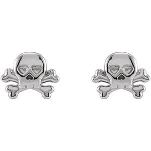14K White Gold 7.5 X 6.12 Mm Pair Friction Backs Included Polished Petite Skull And Crossbones Earrings