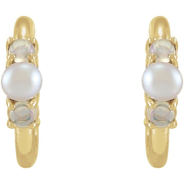14K Yellow Gold 3 Mm Friction Backs Polished Cultured White Seed Pearl And Ethiopian Opal Hoop Earrings