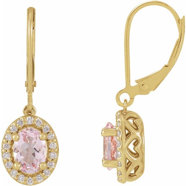 14K White Or Yellow Gold Oval 7 X 5 Mm Lever Backs Polished Natural Morganite And 1/8 Ctw Natural Diamond Dangle Lever Back Earrings