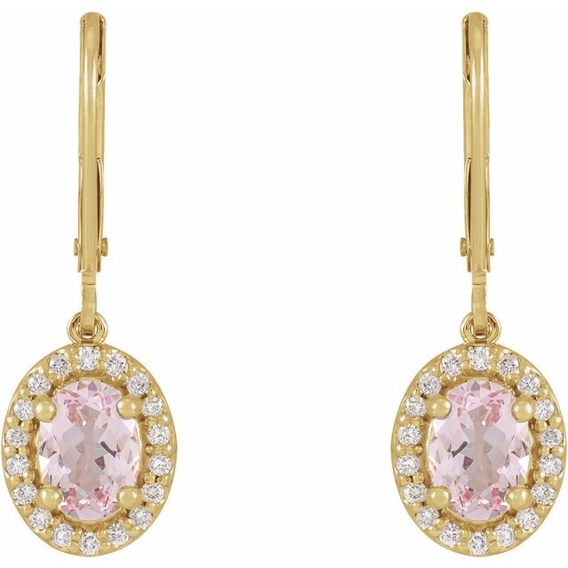 14K White Or Yellow Gold Oval 7 X 5 Mm Lever Backs Polished Natural Morganite And 1/8 Ctw Natural Diamond Dangle Lever Back Earrings