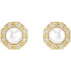 14K Yellow Gold Pearl 4Mm I1, G-H Cultured White Akoya Pearl And .07 Ctw Natural Diamond Friction Back Halo-Style Earrings