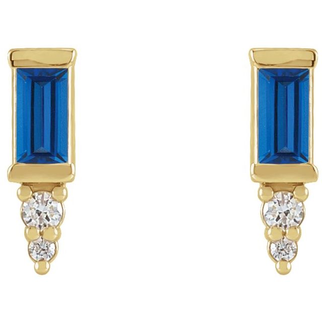 14K Yellow Gold Straight Baguette 4 X 2 Mm Friction Back Polished Natural Blue Sapphire And .03 Ctw Natural Diamond Bar Earrings