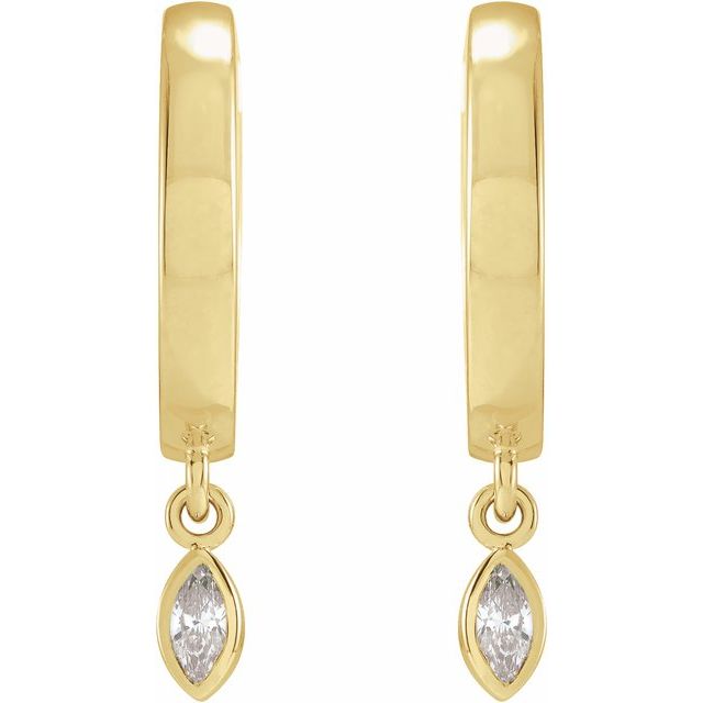 14K Yellow Gold Marquise 4 X 2 Mm Hinged Polished 1/8 Ctw Natural Diamond Bezel Dangle Hinged Hoop Earrings
