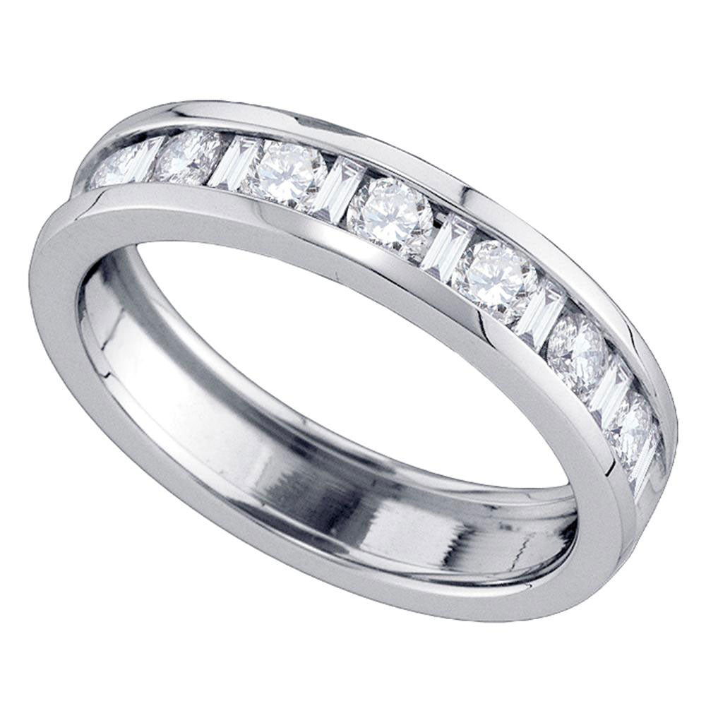 14K White Gold Womens Alternating Round Baguette Diamond Single Row Wedding Band 1 Cttw, Womens Size: 5-10