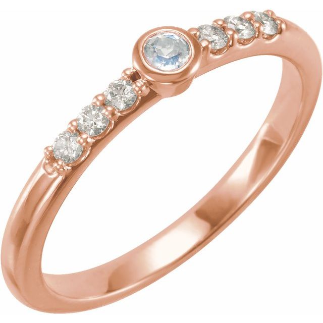 14K Yellow Or Rose Gold Round 2.5 Mm Polished Natural Blue Sheen Moonstone And 1/6 Ctw Natural Diamond Stackable Ring, Size 7