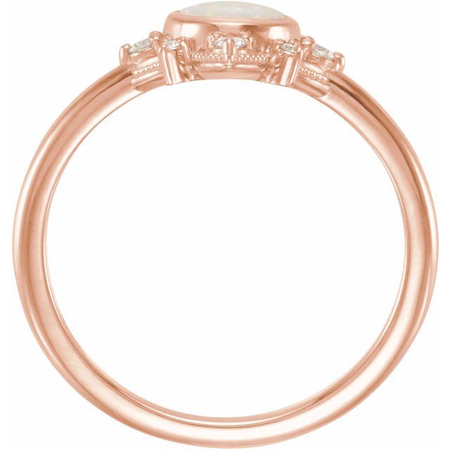 14K Rose Or Yellow Gold Round 5.5 Mm Polished Natural White Opal And 1/10 Ctw Natural Diamond Ring, Size 7