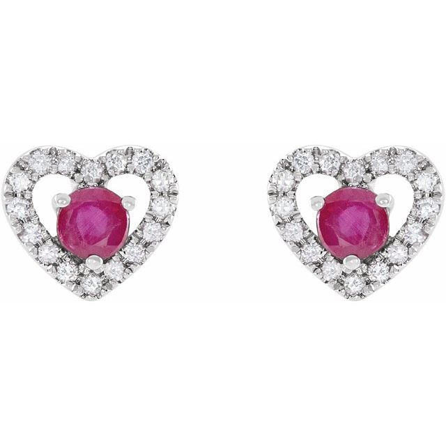 14K White Gold 2.5 Mm Round Friction Back Polished Natural Ruby And 1/10 Ctw Natural Diamond Earrings