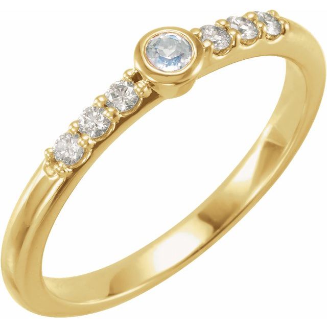 14K Yellow Or Rose Gold Round 2.5 Mm Polished Natural Blue Sheen Moonstone And 1/6 Ctw Natural Diamond Stackable Ring, Size 7
