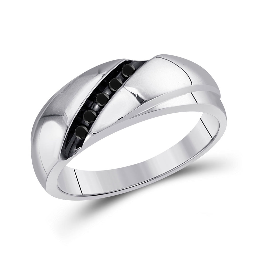 Sterling Silver Mens Round Black Color Enhanced Diamond Diagonal Row Band Ring 1/8 Cttw, Mens Size: 7-13