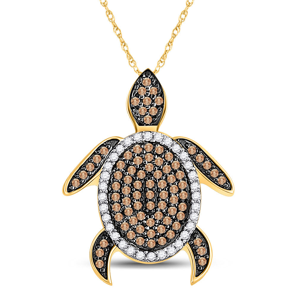 10K Yellow Gold Womens Round Brown Diamond Sea Turtle Animal Pendant 3/8 Cttw, Length: 0.85 In, Width: 0.67 In