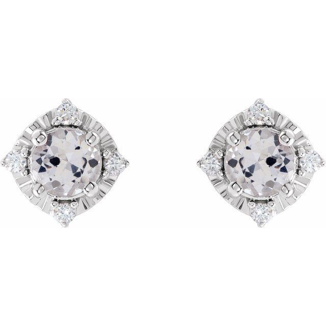 14K White Gold Or Sterling Silver 4.5 Mm Round Friction Polished Lab-Grown Gemstone And .08 Ctw Natural Diamond Halo-Style Earrings