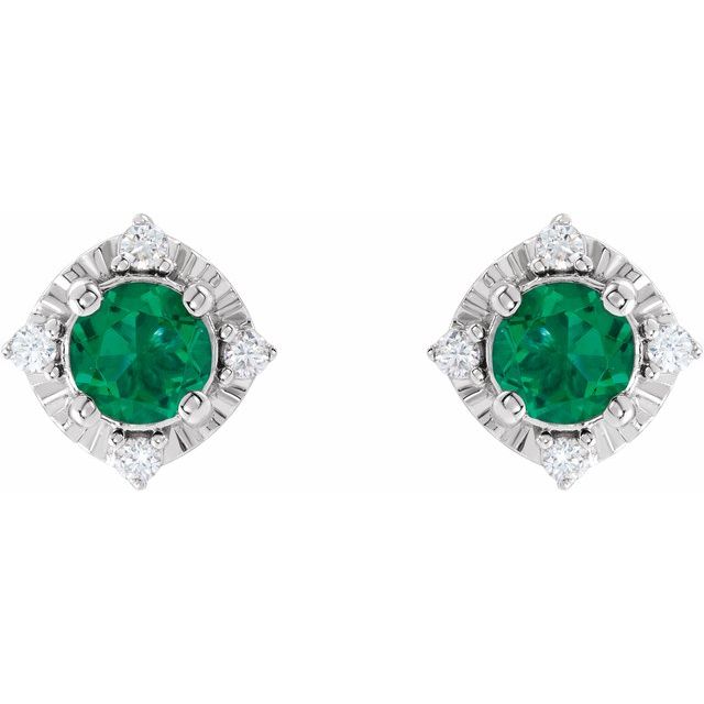 14K White Gold Or Sterling Silver 4.5 Mm Round Friction Polished Lab-Grown Gemstone And .08 Ctw Natural Diamond Halo-Style Earrings