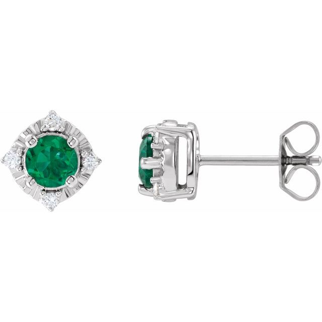 14K White Gold Or Sterling Silver 4.5 Mm Round Friction Polished Lab-Grown Gemstone And .08 Ctw Natural Diamond Halo-Style Earrings