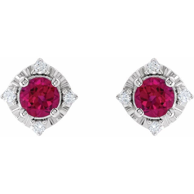 14K White Gold Or Sterling Silver 4.5 Mm Round Friction Polished Lab-Grown Gemstone And .08 Ctw Natural Diamond Halo-Style Earrings