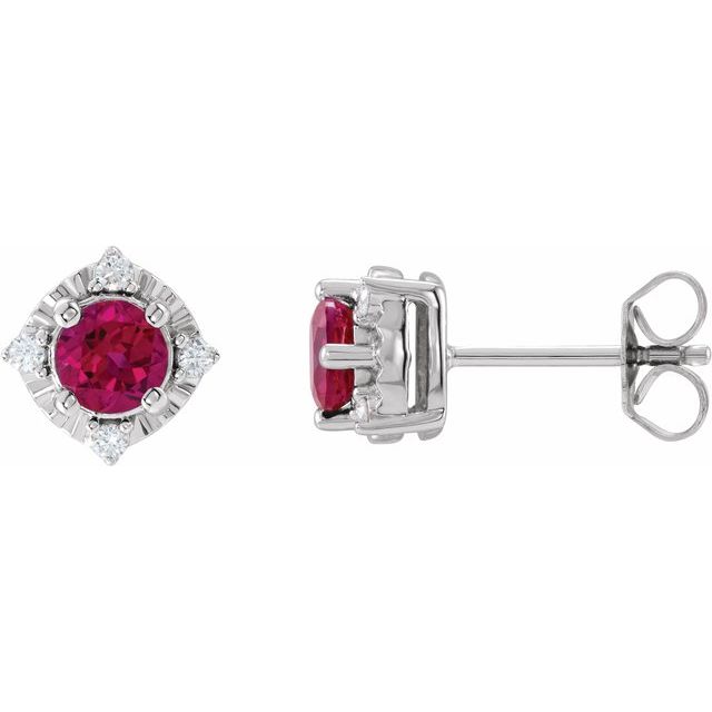 14K White Gold Or Sterling Silver 4.5 Mm Round Friction Polished Lab-Grown Gemstone And .08 Ctw Natural Diamond Halo-Style Earrings