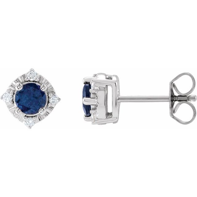 14K White Gold Or Sterling Silver 4.5 Mm Round Friction Polished Lab-Grown Gemstone And .08 Ctw Natural Diamond Halo-Style Earrings