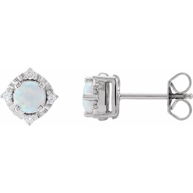 14K White Gold Or Sterling Silver 4.5 Mm Round Friction Polished Lab-Grown Gemstone And .08 Ctw Natural Diamond Halo-Style Earrings