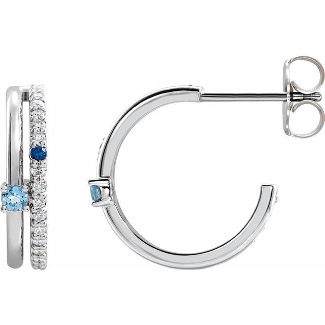 14K Yellow Or White Gold 2 Mm Round Friction Back Polished Multi-Gemstone And 1/5 Ctw Natural Diamond Hoop Earrings