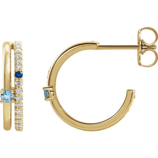14K Yellow Or White Gold 2 Mm Round Friction Back Polished Multi-Gemstone And 1/5 Ctw Natural Diamond Hoop Earrings