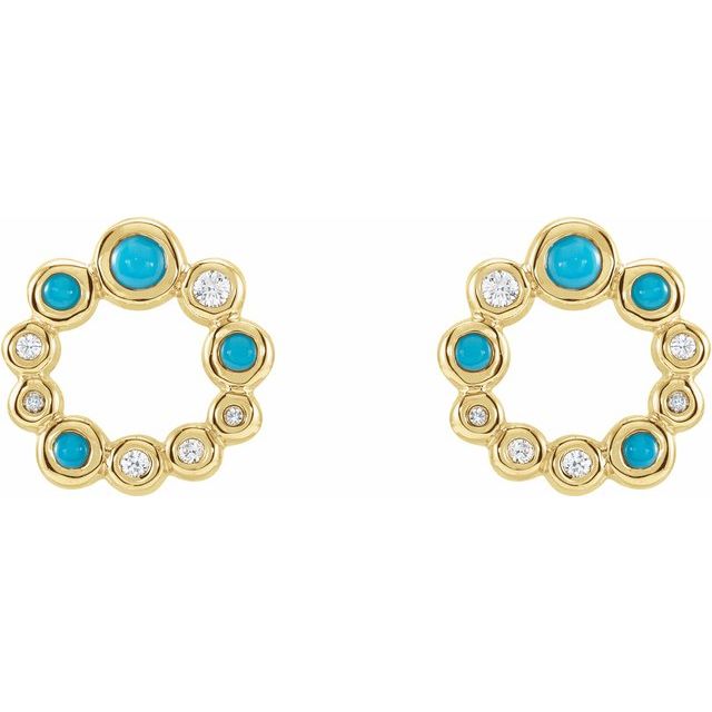 14K Yellow Gold 3 Mm Round Friction Back Polished Natural Turquoise And 1/8 Ctw Natural Diamond Cabochon Earrings