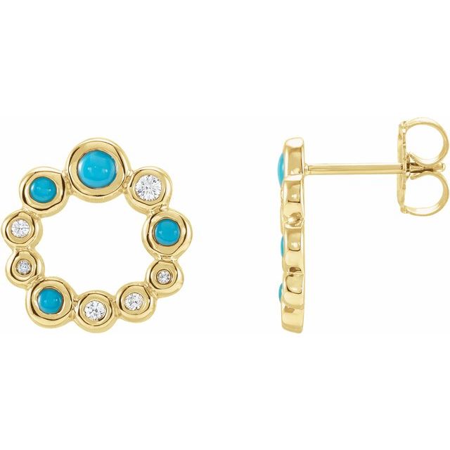 14K Yellow Gold 3 Mm Round Friction Back Polished Natural Turquoise And 1/8 Ctw Natural Diamond Cabochon Earrings