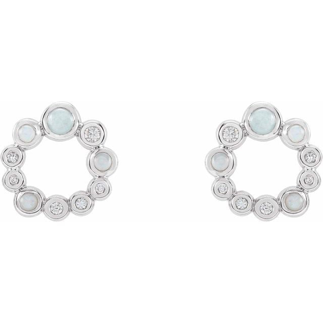 14K White Gold 3 Mm Round Friction Back Polished Natural Ethiopian Opal And 1/8 Ctw Natural Diamond Cabochon Earrings