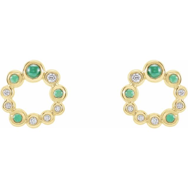 14K Yellow Gold 3 Mm Round Friction Back Polished Natural Emerald And 1/8 Ctw Natural Diamond Cabochon Earrings