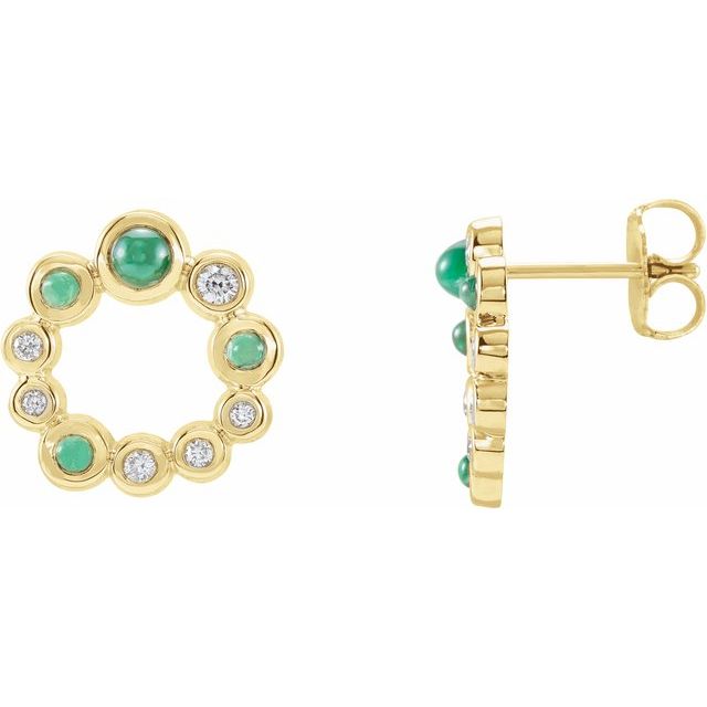 14K Yellow Gold 3 Mm Round Friction Back Polished Natural Emerald And 1/8 Ctw Natural Diamond Cabochon Earrings