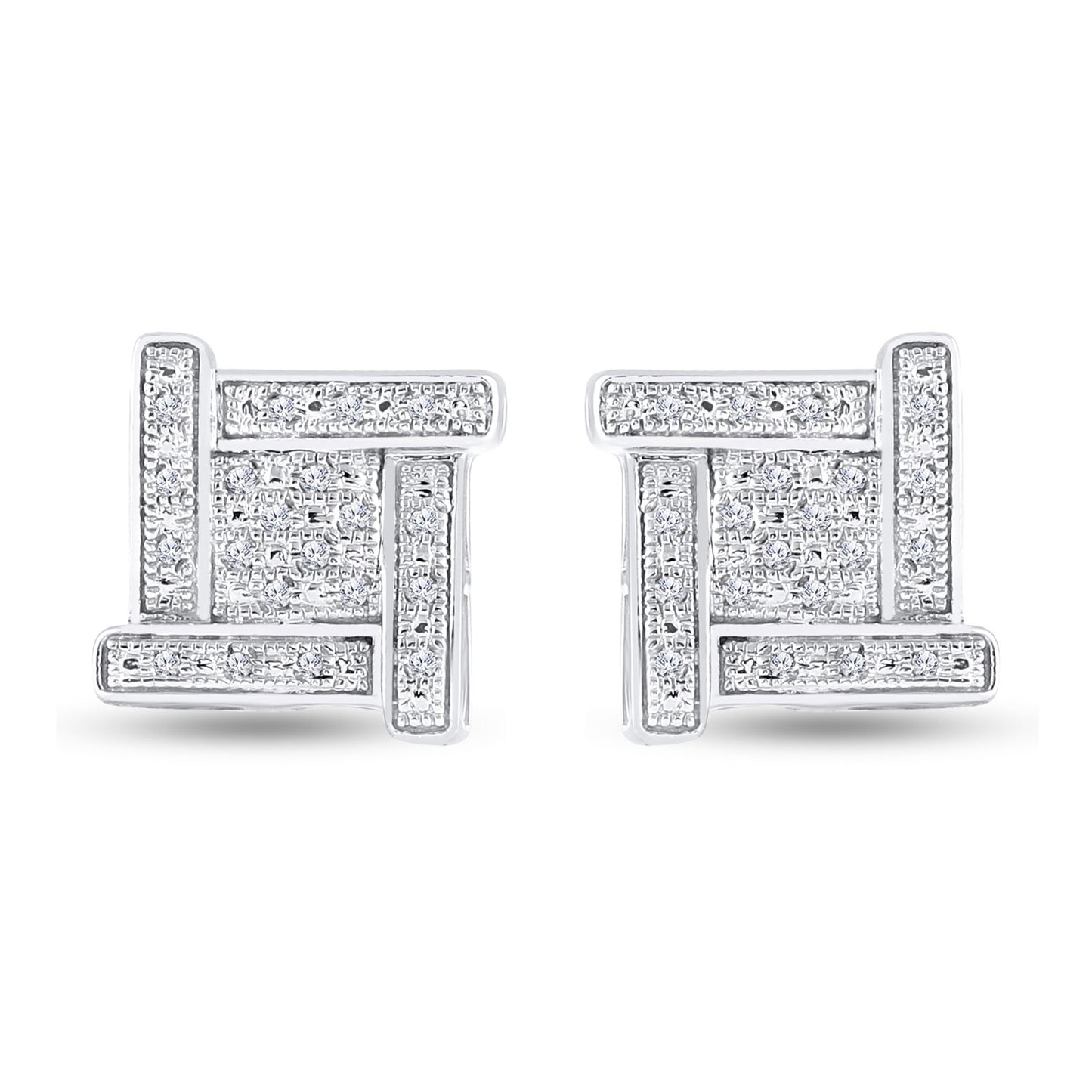 Sterling Silver Round Diamond Square Earrings 1/8 Cttw