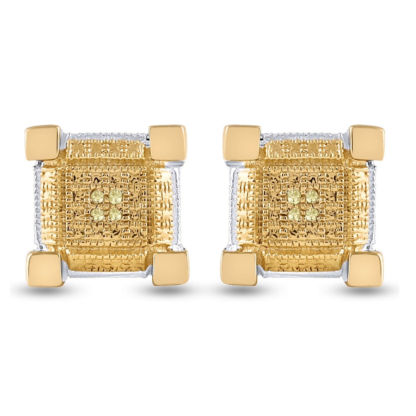 Yellow-tone Sterling Silver Round Diamond 3D Square Earrings .03 Cttw