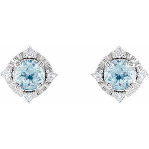 14K White Gold Round 4.5 Mm Natural Sky Blue Topaz And .08 Ctw Natural Diamond Earrings