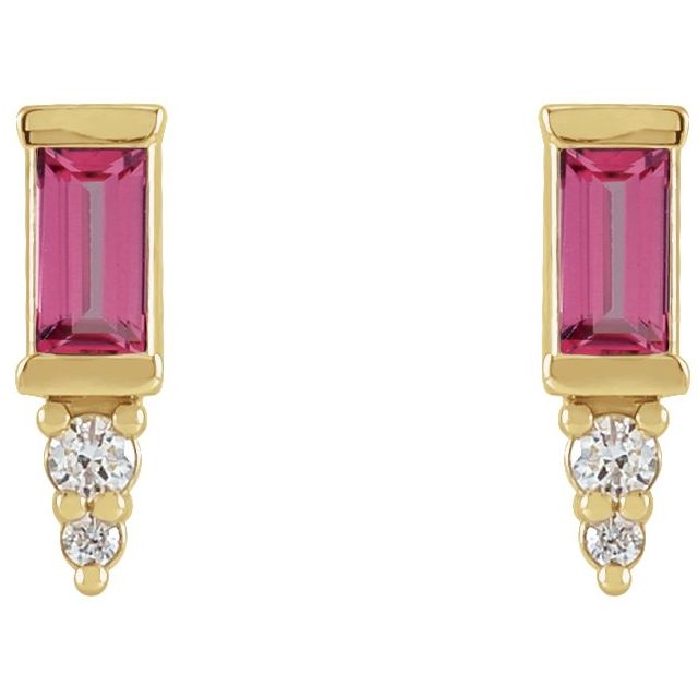 14K Yellow Gold Straight Baguette 4 X 2 Mm Friction Back Polished Natural Pink Tourmaline And .03 Ctw Natural Diamond Bar Earrings