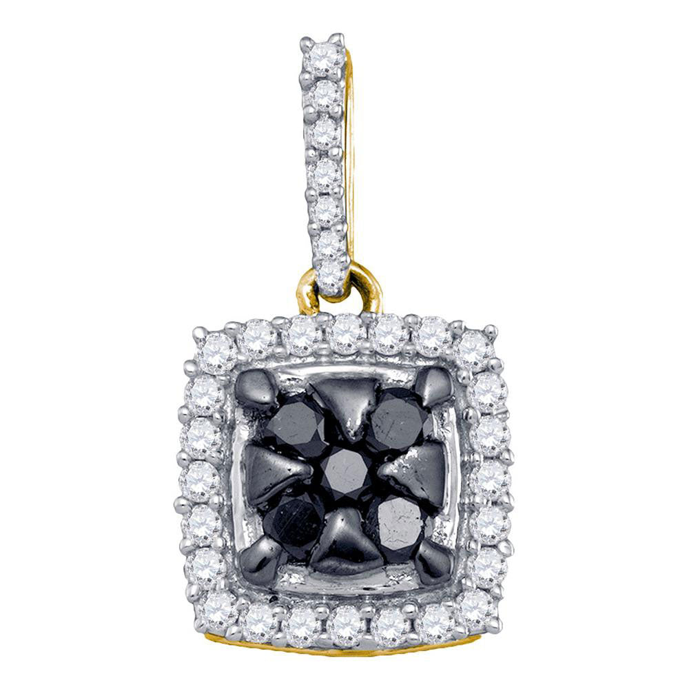 10K Yellow Gold Womens Round Black Color Enhanced Diamond Square Cluster Pendant 1/2 Cttw