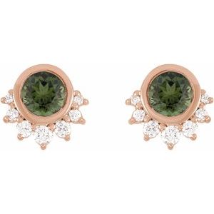 14K Rose Gold Round 4 Mm Natural Green Tourmaline And .08 Ctw Natural Diamond Half Sunburst Earrings