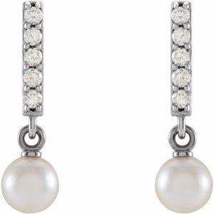 14K White Gold Pearl 4 Mm White Akoya Pearl And Diamond Bar Dangle Earrings
