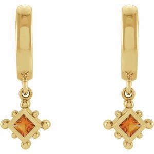 14K Yellow Gold Square 2.5 X 2.5 Mm Natural Citrine Bezel-Set Dangle Hoop Earrings