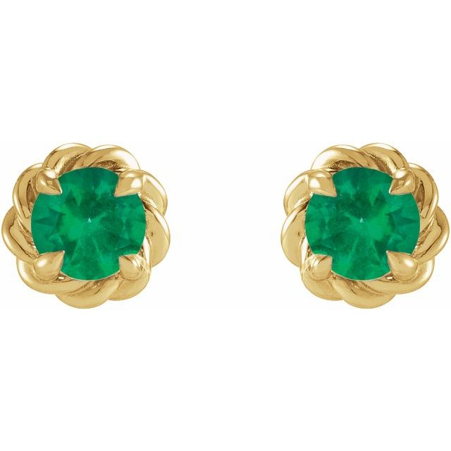 14K Yellow Gold 3 Mm Round Friction Back Polished Lab-Grown Emerald Claw-Prong Rope Earrings