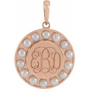 14K Rose Gold Pearl 2 Mm Halo-Style Cultured White Seed Pearl Engravable Medallion Pendant