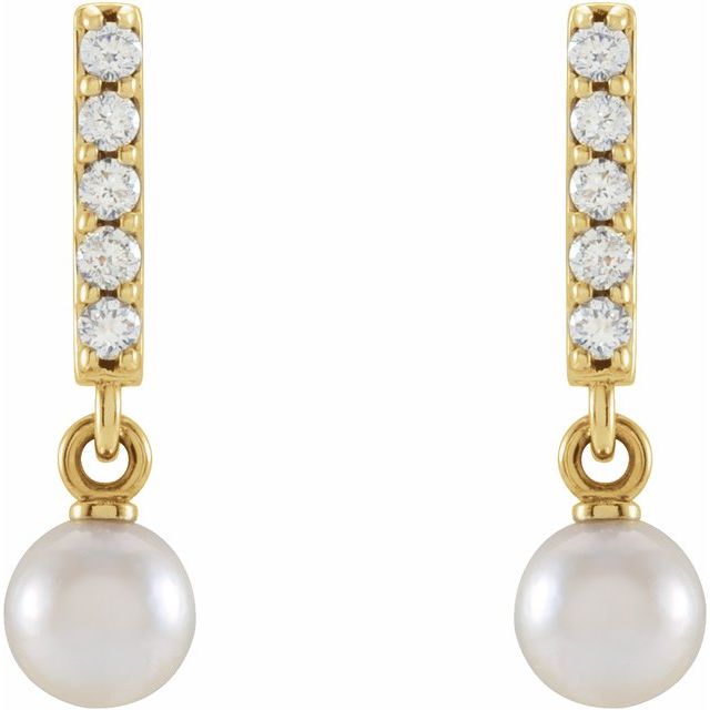 14K Yellow Gold 4 Mm Friction Back Polished Cultured White Akoya Pearl And Natural Diamond Bar Dangle Earrings