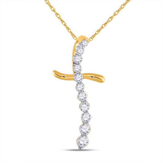 10K Yellow Gold Womens Round Diamond Curved Cross Pendant 1/4 Cttw, Length: 0.82 In, Width: 0.39 In