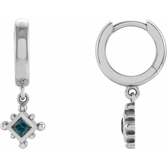 Sterling Silver Square 2.5 X 2.5 Mm Hinged Polished Lab-Grown Alexandrite Bezel-Set Dangle Hoop Earrings