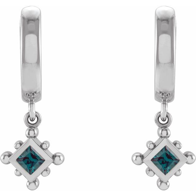 Sterling Silver Square 2.5 X 2.5 Mm Hinged Polished Lab-Grown Alexandrite Bezel-Set Dangle Hoop Earrings