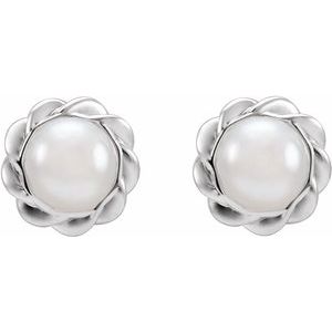 14K White Gold Pearl 5.0-5.9 Mm White Freshwater Cultured Button Pearl Rope Halo-Style Earrings