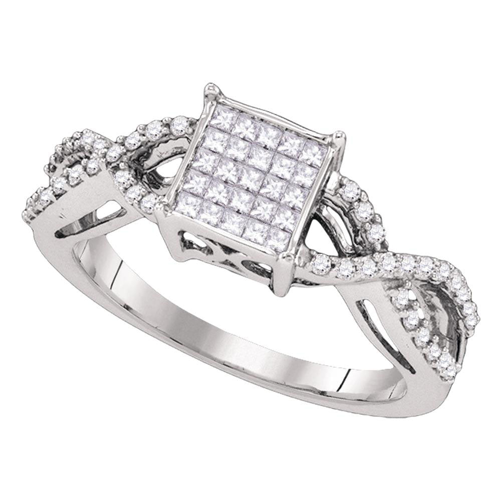 10K White Gold Womens Princess Diamond Square Cluster Ring 1/2 Cttw, Womens Size: 5-10