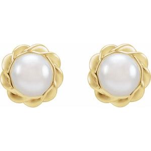 14K Yellow Gold Pearl 5.0-5.9 Mm White Freshwater Cultured Button Pearl Rope Halo-Style Earrings