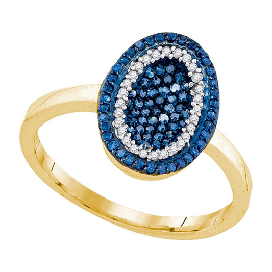 10K Yellow Gold Womens Round Blue Color Enhanced Diamond Oval Cluster Ring 1/3 Cttw, Womens Size: 5-10