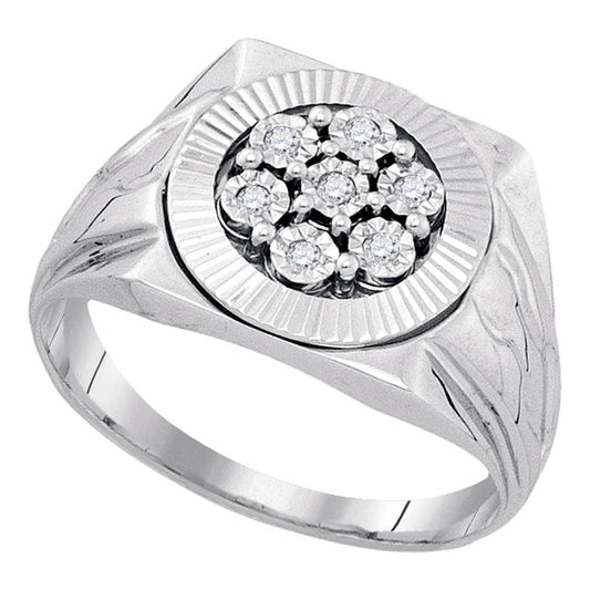 Sterling Silver Mens Round Diamond Flower Cluster Illusion-set Ring 1/10 Cttw, Mens Size: 7-13